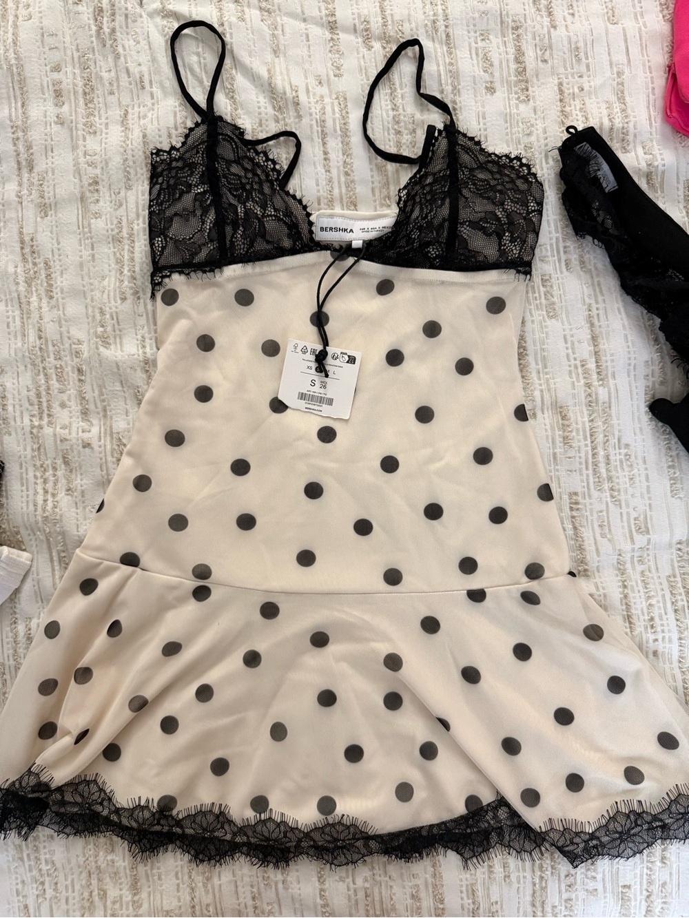 Bershka Black Lace & Cream Polka-Dot Mini Dress